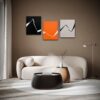 Minimalist abstract triptych painting in interior by Veronika Obushikhina featuring fractured lines in black, orange, and light gray. Geometric hard-edge composition exploring tension and balance