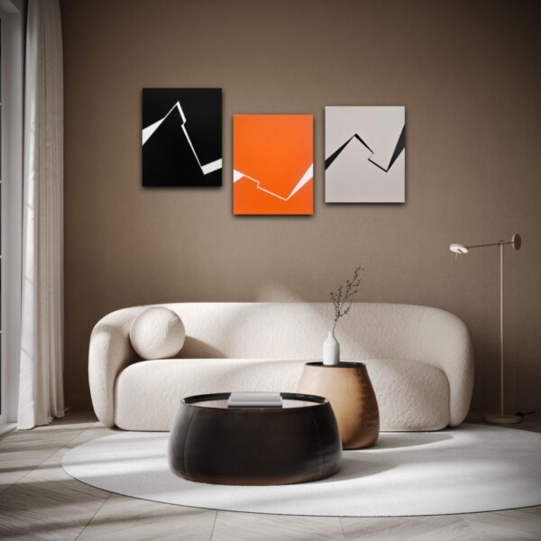 Minimalist abstract triptych painting in interior by Veronika Obushikhina featuring fractured lines in black, orange, and light gray. Geometric hard-edge composition exploring tension and balance