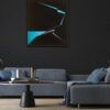 Minimalist abstract painting in ia dark nrerior with sharp blue and white geometric lines cutting through a deep black background, creating a sense of tension and directional force – contemporary artwork by Veronika Obushikhina.
