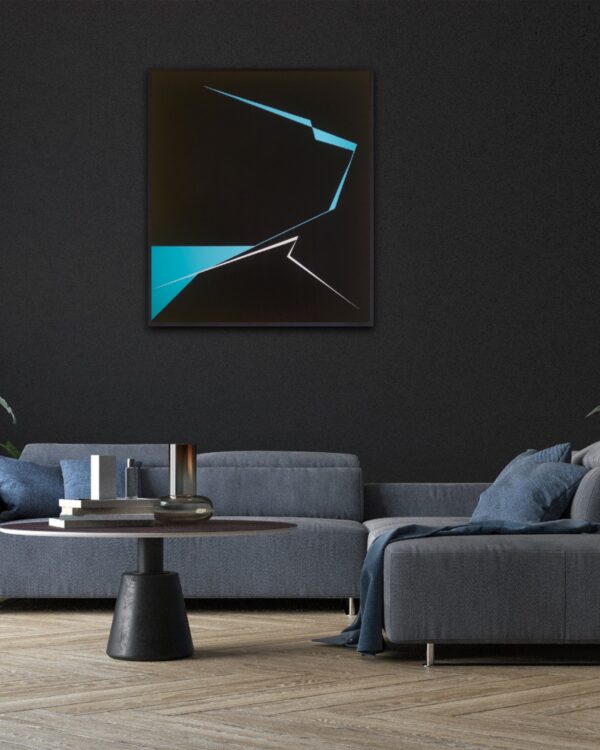 Minimalist abstract painting in ia dark nrerior with sharp blue and white geometric lines cutting through a deep black background, creating a sense of tension and directional force – contemporary artwork by Veronika Obushikhina.