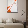 Minimalist abstract painting in a interior by Veronika Obushikhina. Geometric composition with bold orange and white hard-edge forms, exploring visual tension, rupture, and spatial structure.