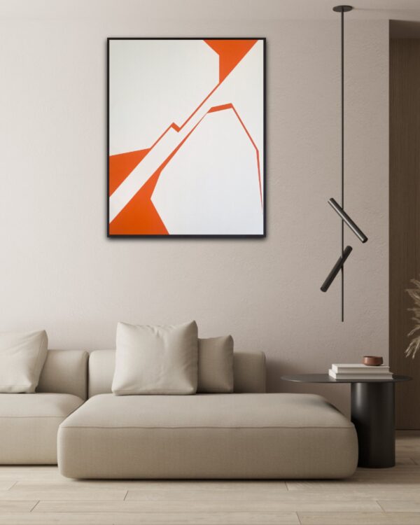 Minimalist abstract painting in a interior by Veronika Obushikhina. Geometric composition with bold orange and white hard-edge forms, exploring visual tension, rupture, and spatial structure.