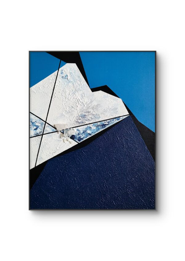 Rift 2 by Veronika Obushikhina, abstract geometric painting in a frame with raw quartz crystals, rough white and navy textures, and sharp black lines on a blue background