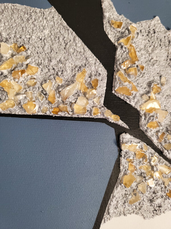 Rift 4 by Veronika Obushikhina, abstract minimalist painting details with sharp black lines, textured mineral area with golden-yellow accents, and geometric blue, white, and black forms