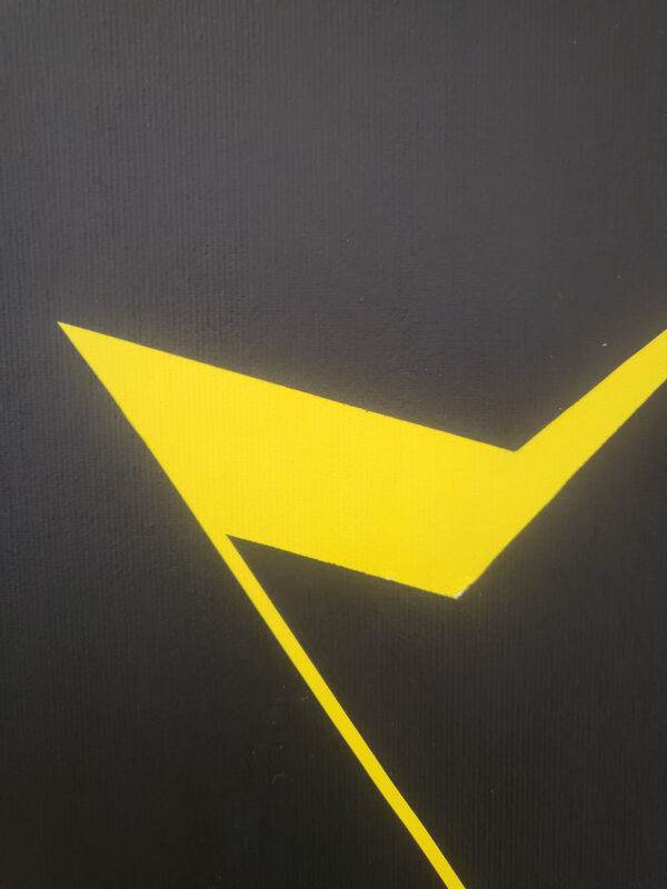 Minimalist abstract painting with a sharp yellow fractured line on bllack background by Veronika Obushikhina