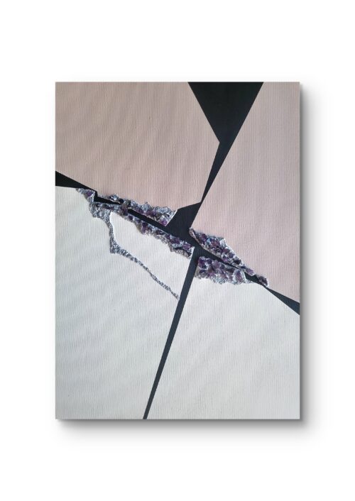 Rift 3 Minimalist abstract painting with raw amethyst crystals embedded in silver crack – contemporary mixed media art by Veronika Obushikhina