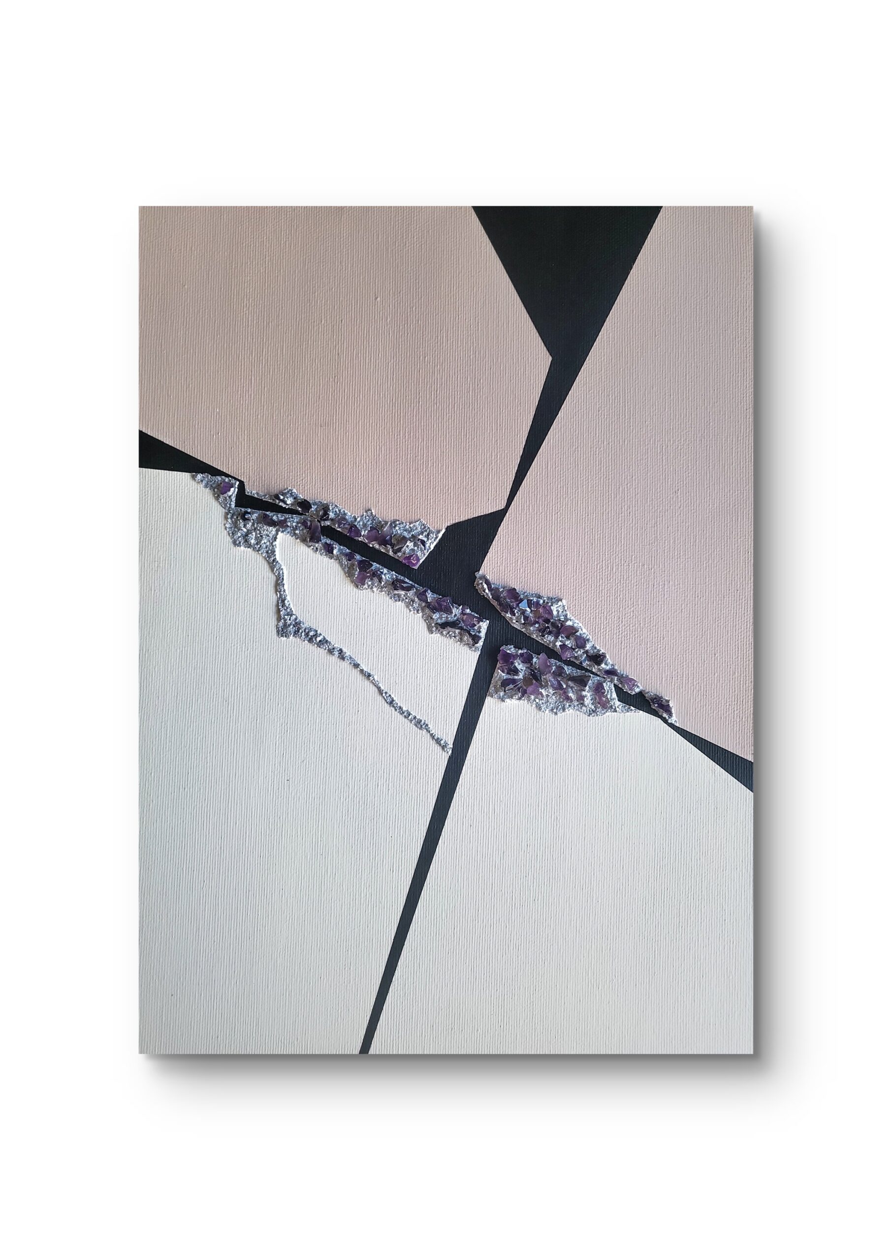 Minimalist abstract painting with raw amethyst crystals embedded in silver crack – contemporary mixed media art by Veronika Obushikhina