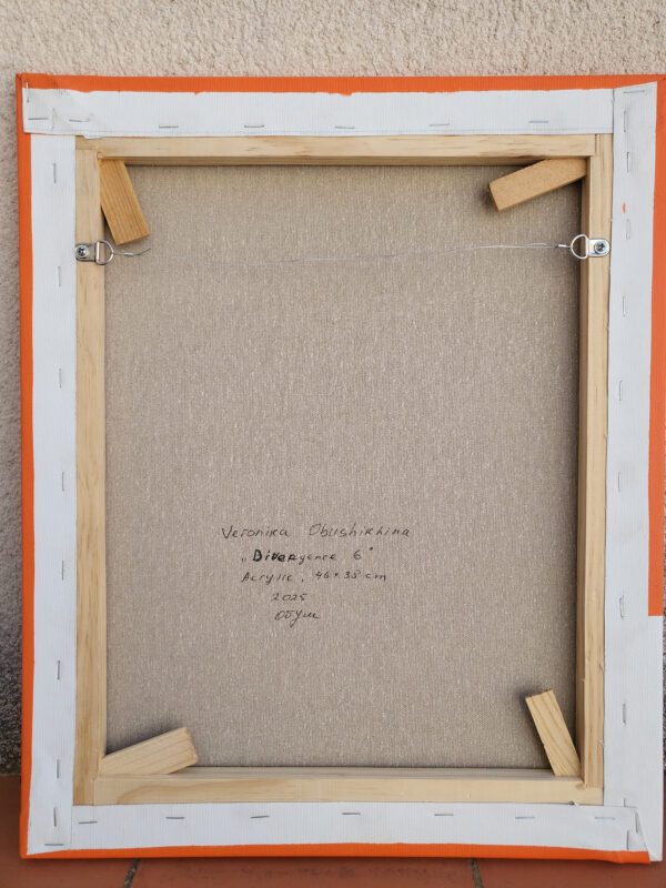 Divergence 6, minimalist abstract painting back with sharp fractured lines in white and blue on a vibrant orange background by Veronika Obushikhina