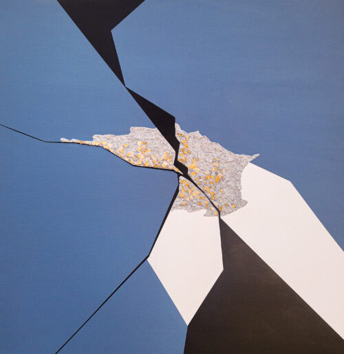 Rift 4 by Veronika Obushikhina, abstract minimalist painting with sharp black lines, textured mineral area with golden-yellow accents, and geometric blue, white, and black forms