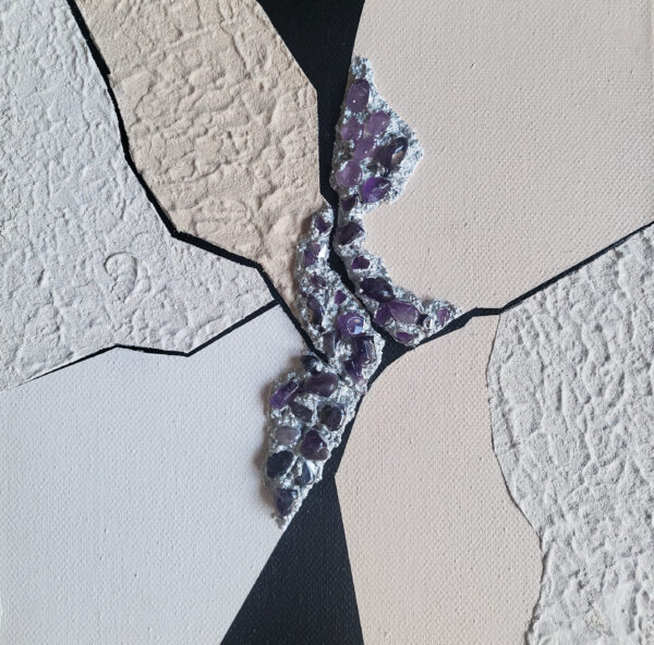 Close-up of Rift 5 Triptych by Veronika Obushikhina – textured abstract art with fractured black lines and embedded raw amethyst crystals on neutral background.