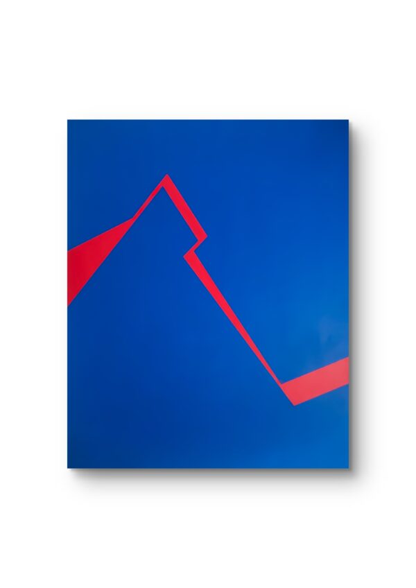 Minimalist abstract painting in frame with a sharp red fractured line on deep blue background by Veronika Obushikhina