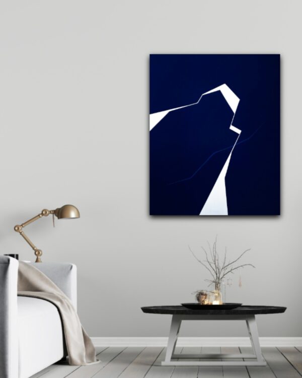 Minimalist abstract painting in inrerior with a sharp white fractured line on blue background by Veronika Obushikhina