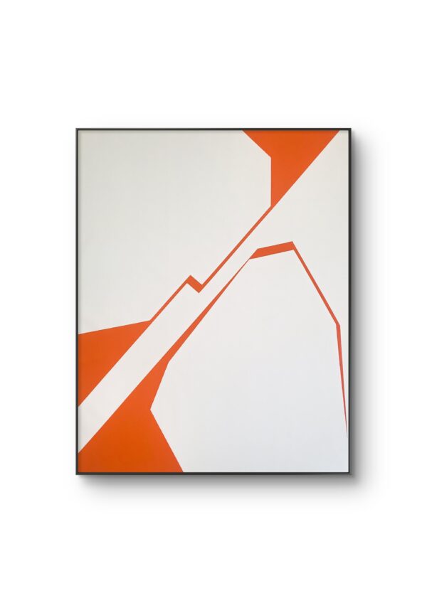 Minimalist abstract painting in frame by Veronika Obushikhina. Geometric composition with bold orange and white hard-edge forms, exploring visual tension, rupture, and spatial structure.