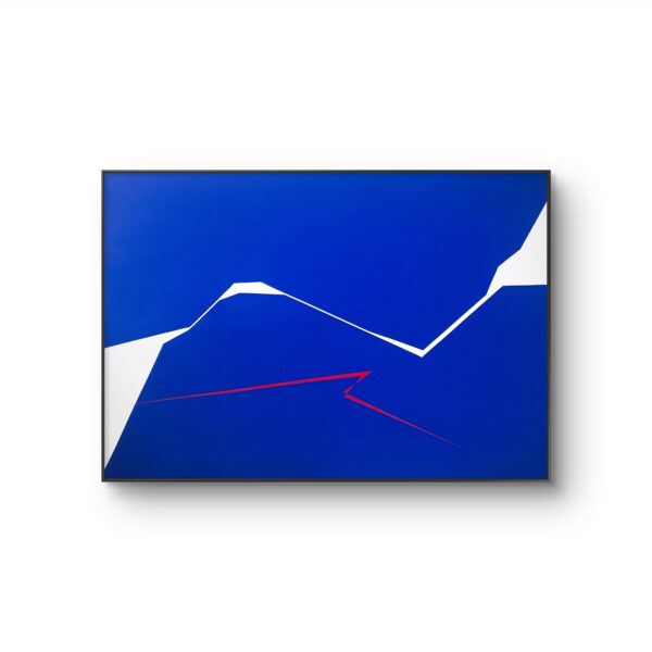 Minimalist abstract painting in frame by Veronika Obushikhina with bold blue shapes, white negative space, and a sharp red fractured line. Contemporary geometric composition expressing dynamic tension and clarity.