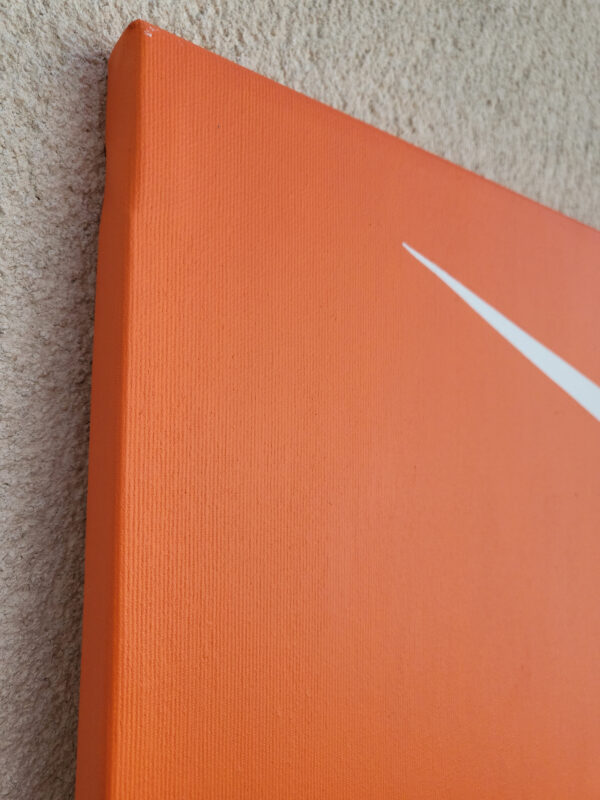 Divergence 6, minimalist abstract painting side with sharp fractured lines in white and blue on a vibrant orange background by Veronika Obushikhina