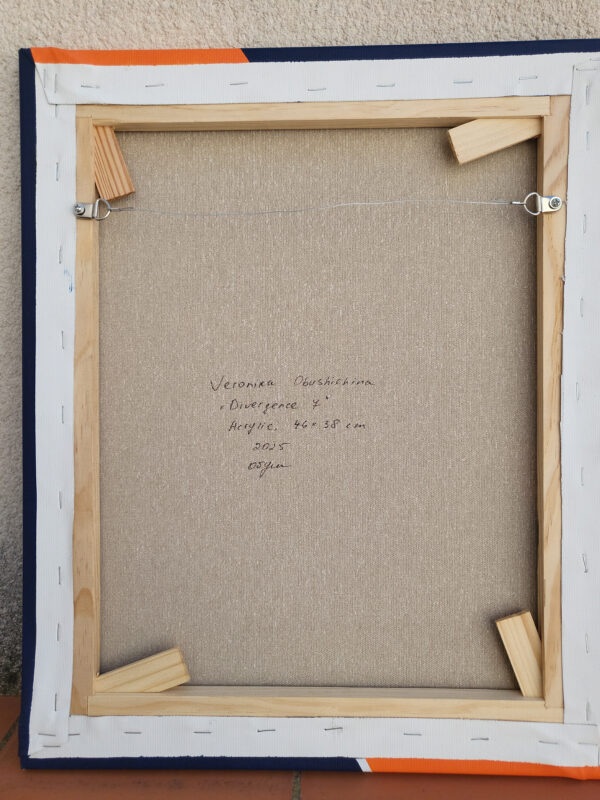 Divergence 7, minimalist abstract painting back with sharp fractured lines in white and blue on a vibrant orange background by Veronika Obushikhina