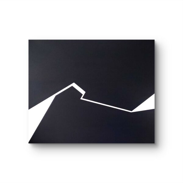 Minimalist abstract painting in frame with a sharp white fractured line on black background by Veronika Obushikhin
