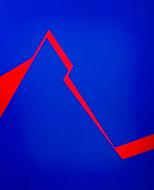 Minimalist abstract painting with a sharp red fractured line on deep blue background by Veronika Obushikhina