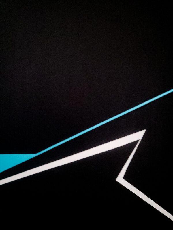 Minimalist abstract painting part with sharp blue and white geometric lines cutting through a deep black background, creating a sense of tension and directional force – contemporary artwork by Veronika Obushikhina.