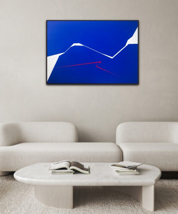 Minimalist abstract painting in a gallery by Veronika Obushikhina with bold blue shapes, white negative space, and a sharp red fractured line. Contemporary geometric composition expressing dynamic tension and clarity.