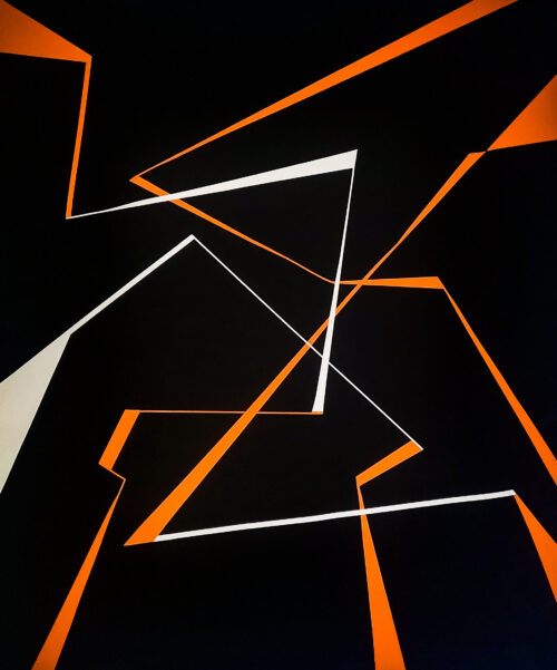 Divergence 5, minimalist abstract painting with fractured white and orange lines on a black background by Veronika Obushikhina