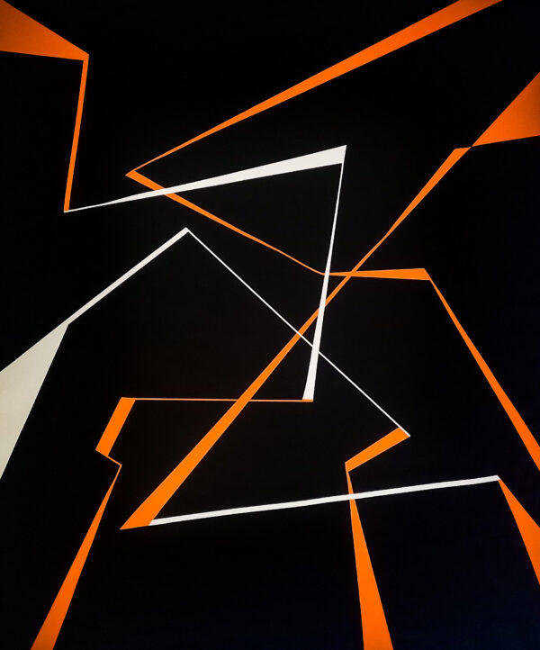 Divergence 5, minimalist abstract painting with fractured white and orange lines on a black background by Veronika Obushikhina