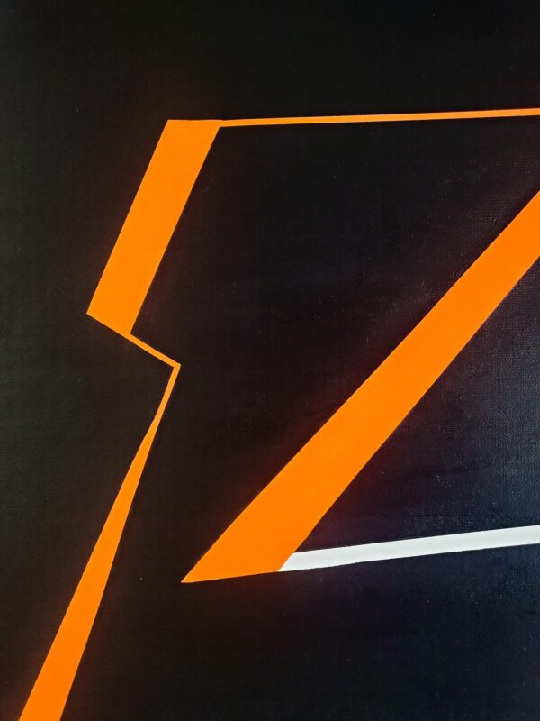 Divergence 5, minimalist abstract painting part with fractured white and orange lines on a black background by Veronika Obushikhina