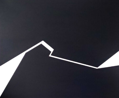 Minimalist abstract painting with a sharp white fractured line on black background by Veronika Obushikhina
