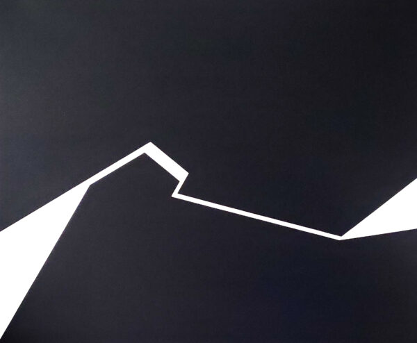 Minimalist abstract painting with a sharp white fractured line on black background by Veronika Obushikhina