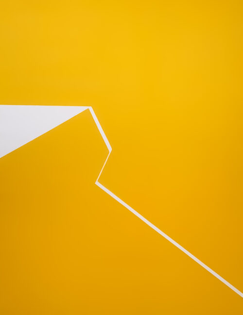 Minimalist abstract painting with a sharp white fractured line on yellow background by Veronika Obushikhina