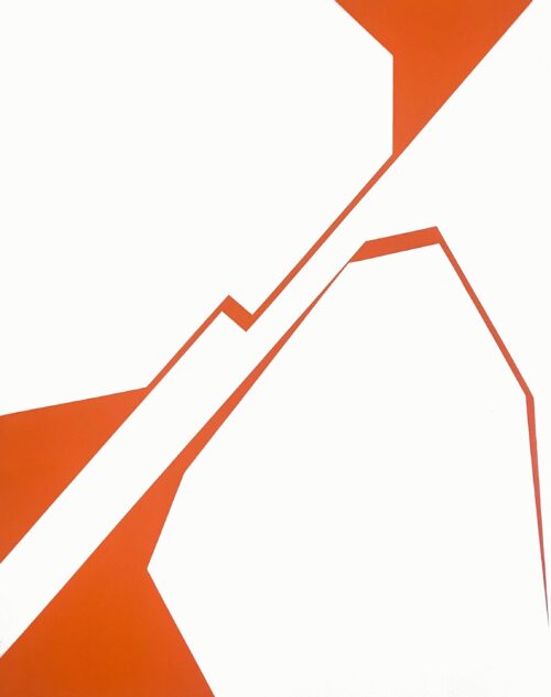 Minimalist abstract painting by Veronika Obushikhina. Geometric composition with bold orange and white hard-edge forms, exploring visual tension, rupture, and spatial structure.