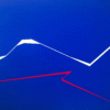 Minimalist abstract painting by Veronika Obushikhina with bold blue shapes, white negative space, and a sharp red fractured line. Contemporary geometric composition expressing dynamic tension and clarity.