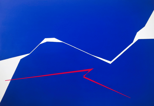 Minimalist abstract painting by Veronika Obushikhina with bold blue shapes, white negative space, and a sharp red fractured line. Contemporary geometric composition expressing dynamic tension and clarity.