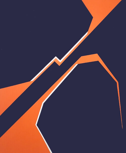 Divergence 7, abstract minimalist artwork featuring bold fractured shapes in deep graphite blue and orange by Veronika Obushikhina