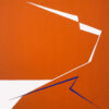 Divergence 6, minimalist abstract painting with sharp fractured lines in white and blue on a vibrant orange background by Veronika Obushikhina