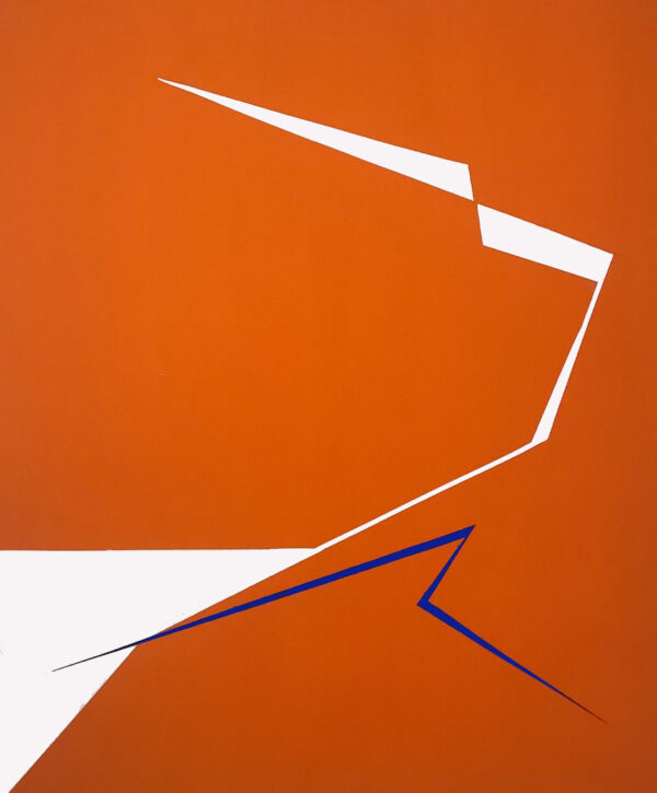Divergence 6, minimalist abstract painting with sharp fractured lines in white and blue on a vibrant orange background by Veronika Obushikhina