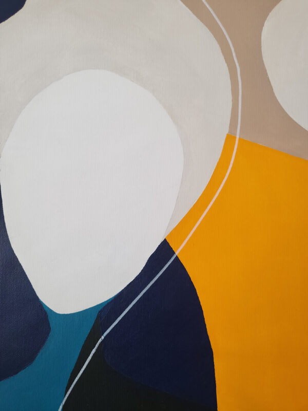 Close-up of abstract minimalist painting with faceless silhouettes in geometric hard-edge style, contemporary art by Veronika Obushikhina