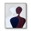 Framed abstract minimalist painting of two faceless silhouettes symbolizing intimacy and couple connection, geometric hard-edge style, contemporary art by Veronika Obushikhina
