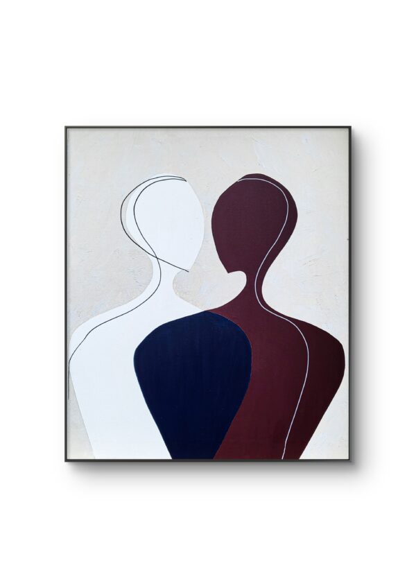 Framed abstract minimalist painting of two faceless silhouettes symbolizing intimacy and couple connection, geometric hard-edge style, contemporary art by Veronika Obushikhina