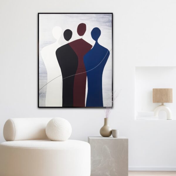 Abstract minimalist painting of four faceless silhouettes in geometric hard-edge style symbolizing human connection, displayed in modern interior, artwork by Veronika Obushikhina