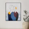 Abstract minimalist painting of two faceless silhouettes in geometric hard-edge style symbolizing couple embrace, displayed in modern interior with decorative vase, artwork by Veronika Obushikhina