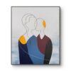 Framed abstract minimalist painting of two faceless silhouettes in geometric hard-edge style symbolizing couple embrace and connection, contemporary art by Veronika Obushikhina