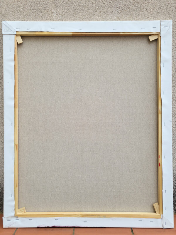 Backside of stretched canvas on wooden frame with visible staples and stretcher bars, contemporary artwork by Veronika Obushikhina