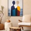 Abstract minimalist painting with three faceless silhouettes in geometric hard-edge style displayed in modern interior, contemporary art by Veronika Obushikhina