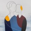 Abstract minimalist painting of two faceless silhouettes in geometric hard-edge style symbolizing couple embrace and connection, contemporary art by Veronika Obushikhina