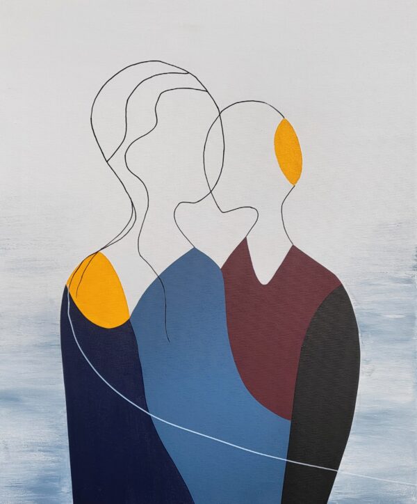 Abstract minimalist painting of two faceless silhouettes in geometric hard-edge style symbolizing couple embrace and connection, contemporary art by Veronika Obushikhina