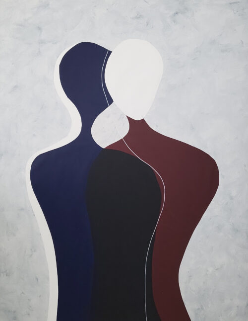 Abstract minimalist painting of two faceless silhouettes symbolizing couple connection, geometric hard-edge style, contemporary art by Veronika Obushikhina
