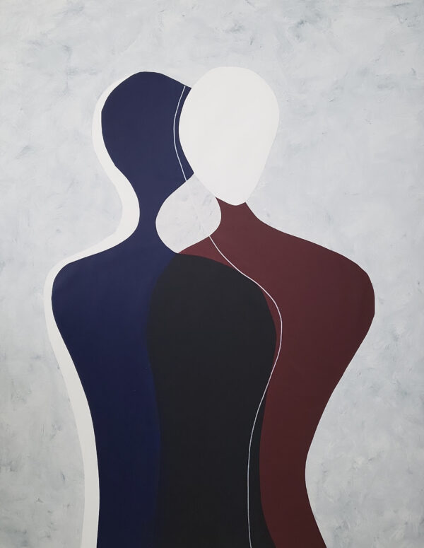 Abstract minimalist painting of two faceless silhouettes symbolizing couple connection, geometric hard-edge style, contemporary art by Veronika Obushikhina