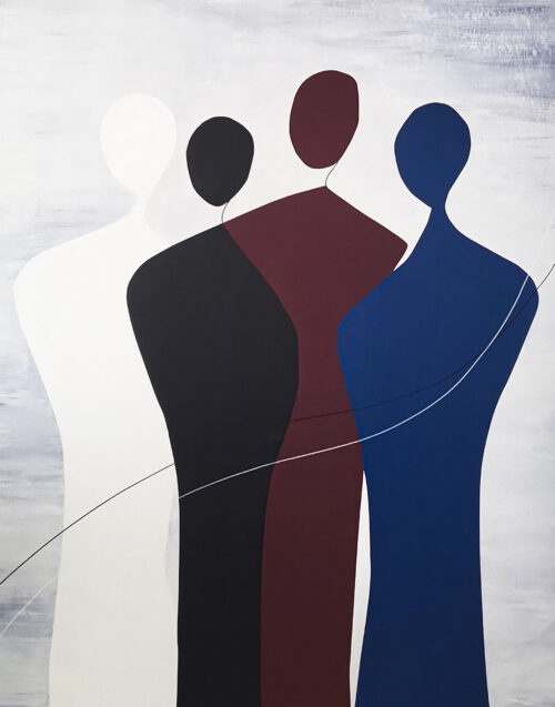 Abstract minimalist painting of four faceless silhouettes in geometric hard-edge style symbolizing human connection and togetherness, contemporary art by Veronika Obushikhina