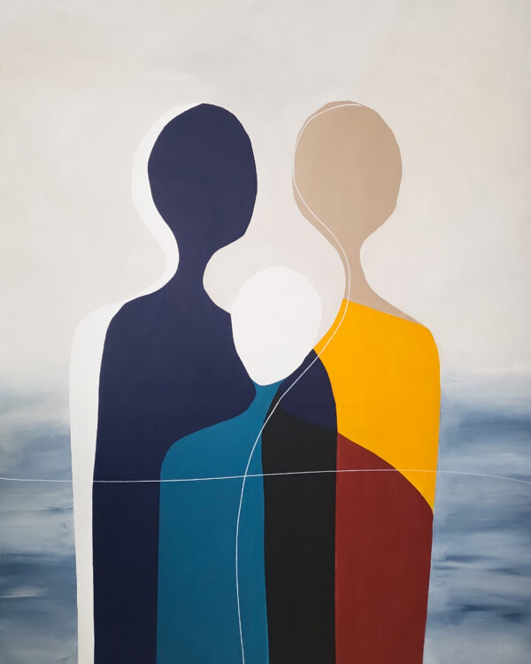 Abstract minimalist painting of three human silhouettes symbolizing family connection, geometric hard-edge style, contemporary art by Veronika Obushikhina